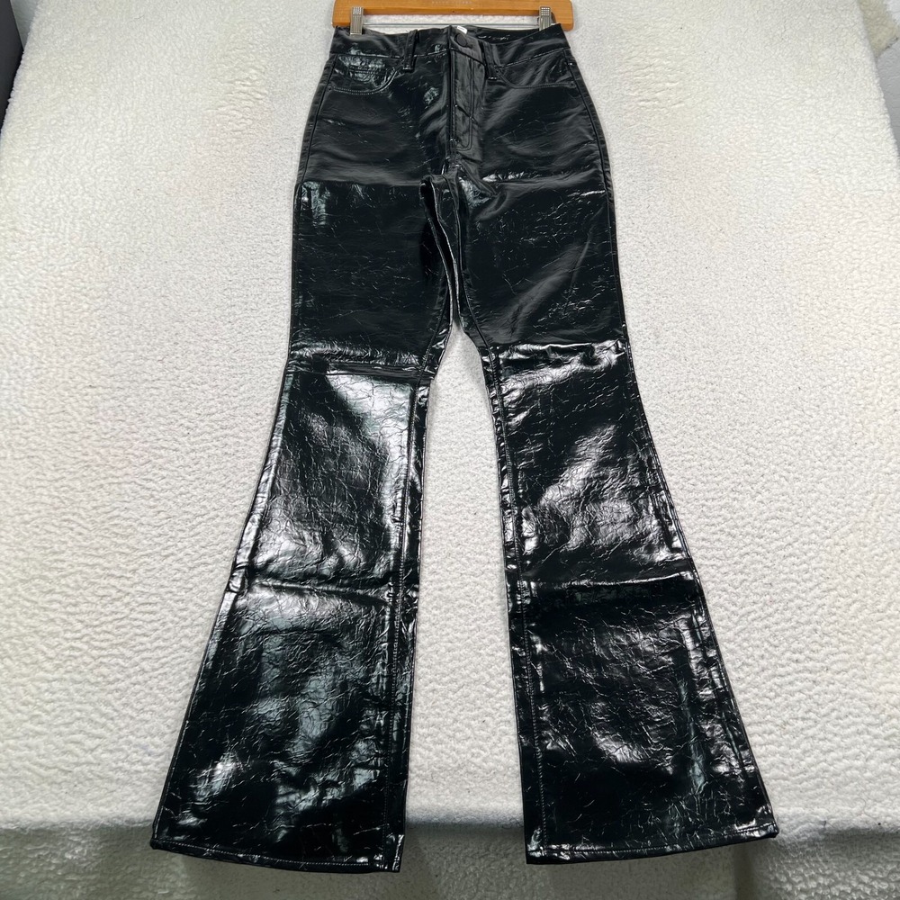 Good American Pants Women 2/26 Flare Vegan Faux Leather Goth Black GCB125T 26x33